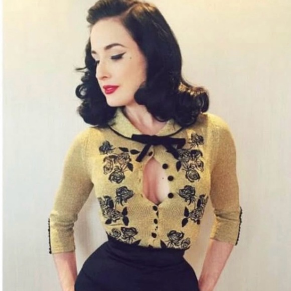Dita Von Teese Rare Limited Edition Cardigan Sweater Gold & Black Pin-Up US-4 XS - Picture 1 of 5